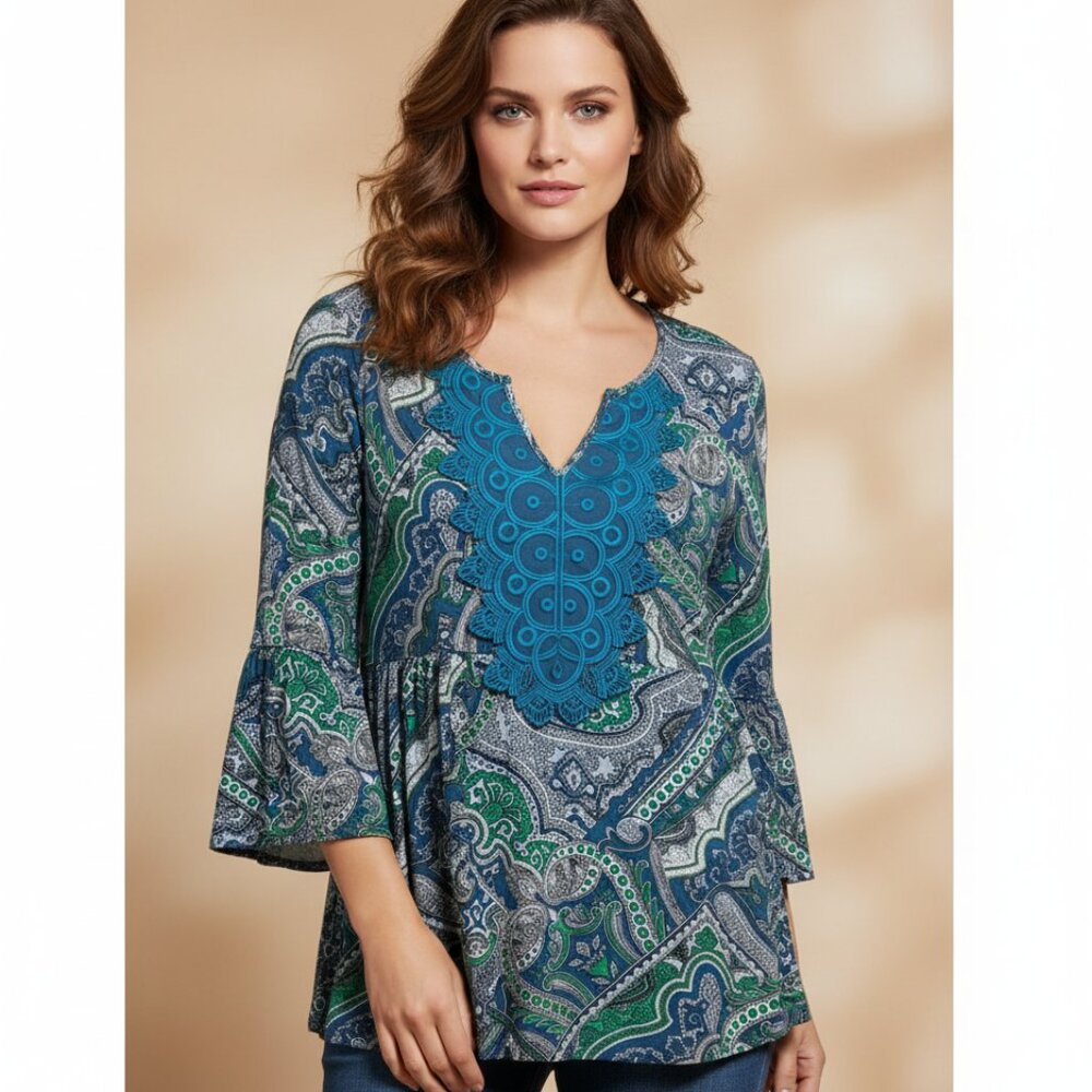 Cato L Women's Blue Green Paisley Lace Knit Top Ruffle Peplum Boho Chic Peasant